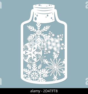 Jouets de Noël, ballons dans les arbres dans un pot en verre. Avec flocons de neige. Coupe au laser. Illustration vectorielle. Motif pour la coupe au laser, la sérigraphie, le traceur Illustration de Vecteur