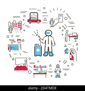 Bannière Web de désinfection de masse. Service de nettoyage. Infographies avec icônes linéaires sur fond blanc. Concept d'idée créative. Couleur du contour isolé Illustration de Vecteur