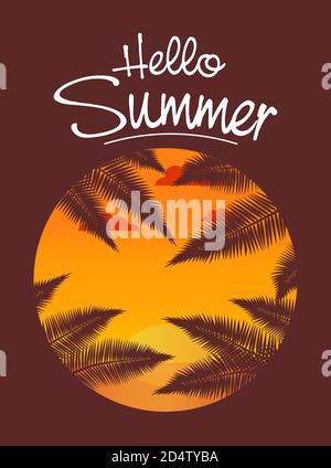 Bannière tropicale Hello Summer. Un coucher de soleil sur la plage de sable avec des feuilles de palmier. Illustration de Vecteur