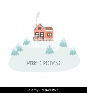 Carte de Noël avec maison, Joyeux Noël. Illustration vectorielle isolée sur fond blanc. Illustration de Vecteur