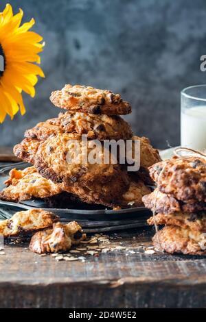 Flocons d'avoine, abricots et biscuits aux pépites de chocolat Banque D'Images