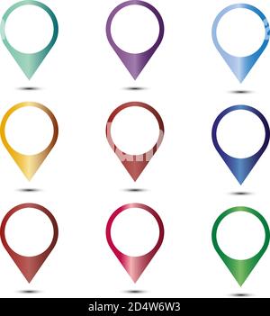 boutons web de l'icône des broches de mappage. Formes rondes satinées colorées avec ombre sur blanc Illustration de Vecteur