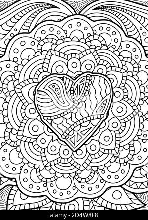 Belle page de livre de coloriage avec motif noir blanc abstrait avec forme de coeur Illustration de Vecteur