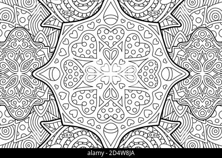 Belle page de livre à colorier avec motif monochrome linéaire abstrait avec formes de cœur Illustration de Vecteur