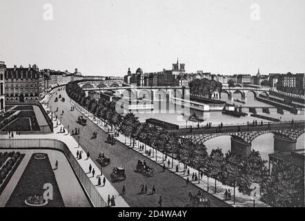 Paris, Pont des Arts en Seine, France, gravure historique en plaques de cuivre de 1860 Banque D'Images