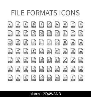 Icônes vectorielles de type de fichier. Jeu d'icônes de format de fichier, boutons fichiers. Illustration de Vecteur