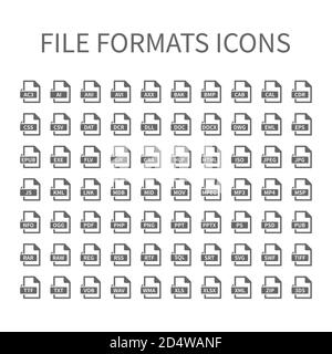 Icônes vectorielles de type de fichier. Jeu d'icônes de format de fichier, boutons fichiers. Illustration de Vecteur