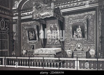 Versailles, Chambre er lit de Louis 14, chambre royale de Louis le 14ème, France, gravure historique en plaque de cuivre de 1860 Banque D'Images