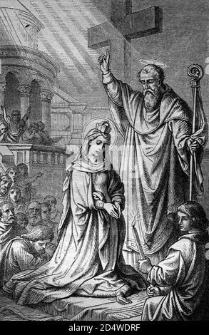 La découverte de la croix, la gravure historique en acier de la bible de 1860 Banque D'Images