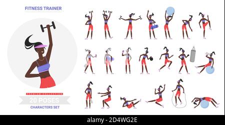 Entraîneur de fitness gym poses d'entraînement infographie scénario ensemble d'illustrations. Caricature femme plate entraîneur personnage de gymnastique, exercices de sport avec kettlebell, haltères, ballon isolé sur blanc Illustration de Vecteur