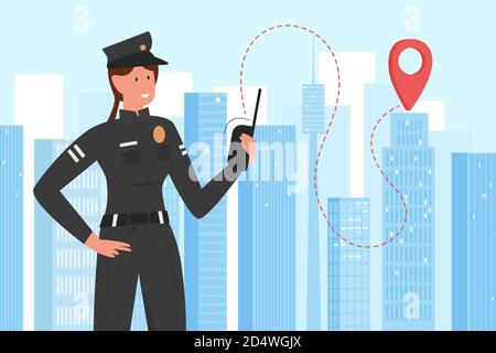 Police travaillant dans l'illustration vectorielle de paysage urbain. Caricaturie plat professionnel policier patrouillent personnage féminin en uniforme debout sur la rue de la ville, policier avec talkie walkie arrière-plan Illustration de Vecteur