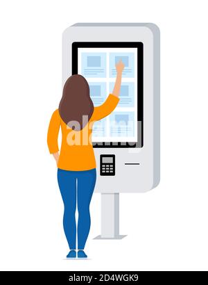 Femme en utilisant le libre-service de paiement et d'information terminal électronique avec écran tactile. Vector illustration style de télévision Illustration de Vecteur