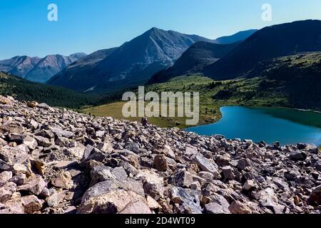 Escalade jusqu'au Lake Ann Pass, Collegiate West sur la piste 485 Mile Colorado Trail, Colorado Banque D'Images