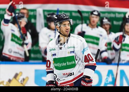 Frederikshavn, Danemark. 11 octobre 2020. Jesper Jensen (40) de Frederikshavn White Hawks vu dans le match de hockey sur glace de Metalligaen entre Frederikshavn White Hawks et Herlev Eagles à la Nordjyske Bank Arena à Frederikshavn. (Crédit photo : Gonzales photo/Alamy Live News Banque D'Images