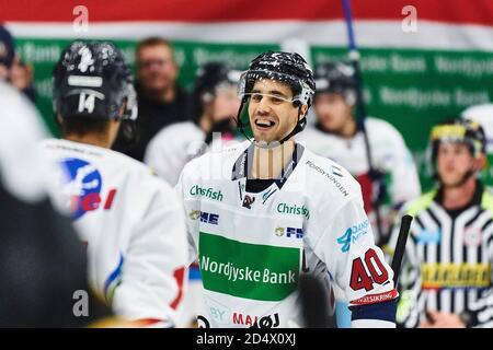 Frederikshavn, Danemark. 11 octobre 2020. Jesper Jensen (40) de Frederikshavn White Hawks vu dans le match de hockey sur glace de Metalligaen entre Frederikshavn White Hawks et Herlev Eagles à la Nordjyske Bank Arena à Frederikshavn. (Crédit photo : Gonzales photo/Alamy Live News Banque D'Images