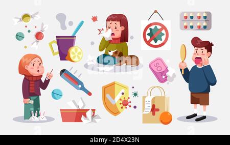 Virus, maladie ou grippe concept. Les jeunes hommes et les jeunes femmes sont malades. Groupe de personnes infectées par le virus. Illustration simple à vecteur plat Illustration de Vecteur