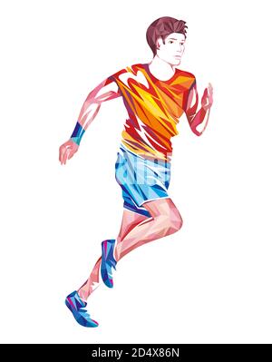 Running Sportsman Colorful Geometric Design Illustration isolée sur blanc. Coureur de marathon. Banque D'Images