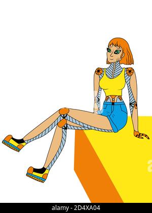 Fantastique dessin animé robot fille en vêtements d'été en jaune et bleu, vecteur fait comme dessin d'enfant Illustration de Vecteur