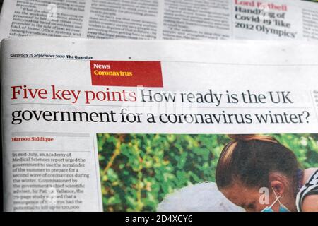 Covid 19 titre du journal The Guardian « How Ready the UK government for a coronavirus Winter? » 19 septembre 2020 Londres Angleterre Royaume-Uni Banque D'Images