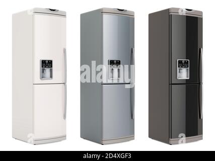 Réfrigérateur, coloris argent, blanc et noir, vue latérale. Rendu 3D isolé sur fond blanc Banque D'Images