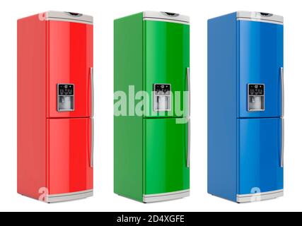 Réfrigérateurs, coloris bleu, rouge et vert, vues sur les côtés. Rendu 3D isolé sur fond blanc Banque D'Images