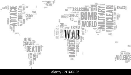 Nuage de mot de guerre en forme de silhouette de carte du monde Illustration de Vecteur