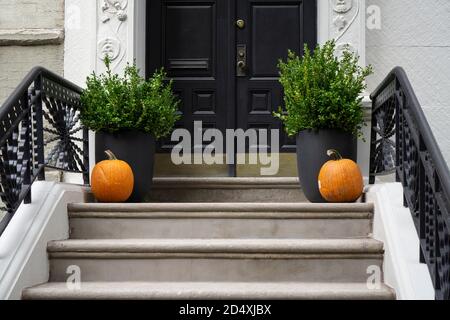 Porte d'entrée décorée de Thanksgiving avec citrouilles et plantes en pot. Saison d'automne. Banque D'Images