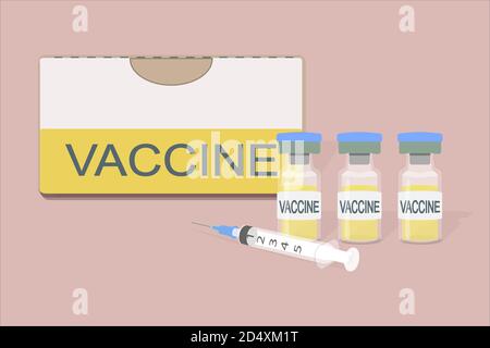 emballage d'un médicament avec l'inscription vaccin et trois flacons pour préparations injectables avec un liquide transparent jaune clair et l'inscription vaccin Illustration de Vecteur