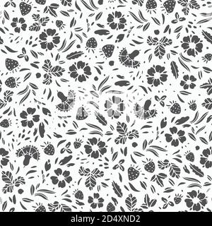 Style rétro de l'art folklorique, motif de rose sauvage. Motif fleuri dessiné à la main de style brodé vintage. Motifs floraux stylisés noirs sur fond blanc. Décor élégant. Parfait pour la papeterie, l'impression, le mariage, l'événement. Illustration de Vecteur