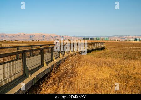 Cycliste méconnaissable sur la promenade de la réserve naturelle de Baylands. Palo Alto, comté de Santa Clara, Californie, États-Unis Banque D'Images