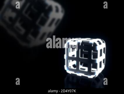 Conteneur de cage cubique abstrait sur fond sombre, illustration de rendu 3d Banque D'Images