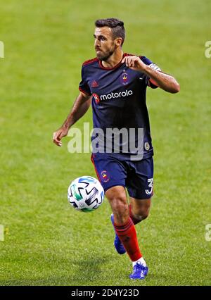 Chicago, États-Unis, 11 octobre 2020. Major League Soccer (MLS) le défenseur du FC de feu de Chicago Jonathan Bornstein (3) déplace le ballon contre D.C. United au Soldier Field à Chicago, il, États-Unis. Tir gagné 2-1. Credit: Tony Gadomski / toutes les images de sport / Alamy Live News Banque D'Images