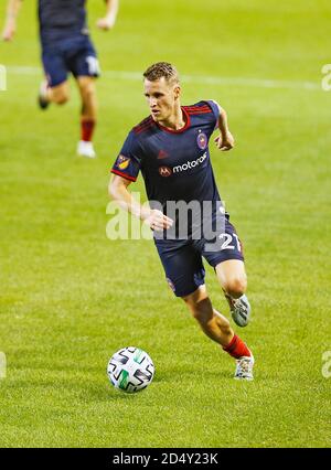 Chicago, États-Unis, 11 octobre 2020. Major League Soccer (MLS) Chicago Fire FC Forward Fabian Herbers (21) déplace le ballon contre D.C. United au Soldier Field à Chicago, il, États-Unis. Tir gagné 2-1. Credit: Tony Gadomski / toutes les images de sport / Alamy Live News Banque D'Images
