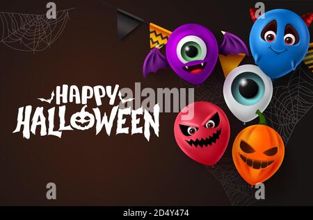 Design d'arrière-plan Happy halloween Vector. Joyeux texte halloween avec des éléments de ballons effrayants colorés dans le visage de personnage comme la chauve-souris, le diable, la citrouille. Illustration de Vecteur
