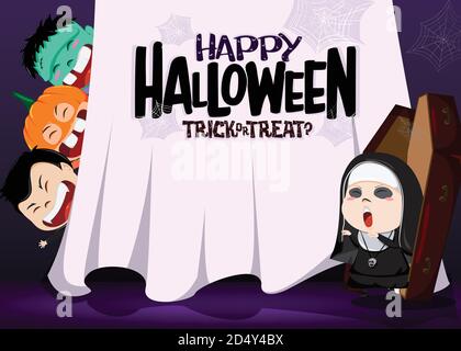 Motif vectoriel de personnage d'Halloween. Joyeux halloween texte dans élément de rideau avec de jolis personnages créepy comme nun, potiron, zombie, et vampire. Illustration de Vecteur