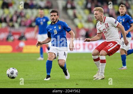 Gdansk, Pologne. 11 octobre 2020. Alessandro Florenzi d'Italie (L) et Kamil Jozwiak de Pologne (R) en action pendant le match de la Ligue des Nations de l'UEFA entre la Pologne et l'Italie au stade Energa. (Note finale: Pologne 0:0 Italie) crédit: SOPA Images Limited/Alay Live News Banque D'Images