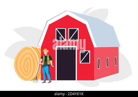 agriculteur mâle en uniforme collecte de foin éco-agriculture concept d'agriculture illustration vectorielle horizontale pleine longueur Illustration de Vecteur