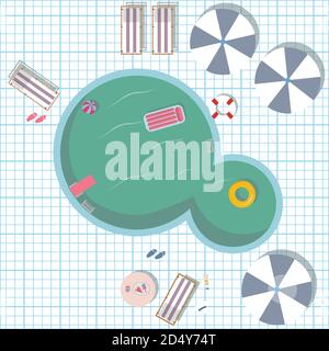 Piscine extérieure avec illustration vectorielle des jouets comme bague en caoutchouc, la piscine, matelas d'air. Piscine vue de dessus avec parasols, table avec la nourriture, sunscre Illustration de Vecteur