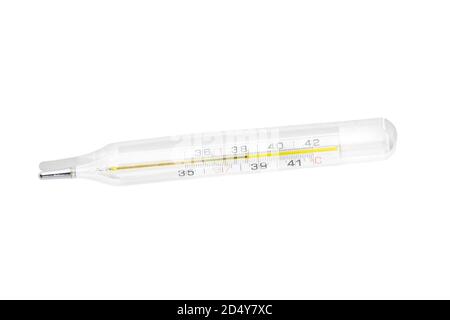 le thermomètre au mercure présente de la fièvre, une température corporelle élevée isolée sur fond blanc avec ombre Banque D'Images