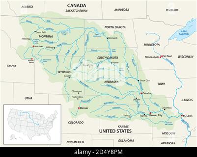 Carte vectorielle du bassin de drainage du fleuve Missouri, États-Unis, Canada Illustration de Vecteur