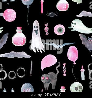 Motif sans couture de Happy Halloween sur fond noir. Éléments de dessin animé peints à la main aquarelle. Banque D'Images