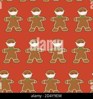 Noël 2020 motif Covid sans coutures. Social distancer hommes de pain d'épice portant un masque de visage répétant le fond de vacances. Vacances coronavirus. Amusant Banque D'Images