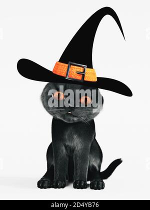 Rendu 3D d'un joli chat noir d'Halloween avec des yeux orange portant un chapeau de sorcière. Arrière-plan blanc. Banque D'Images