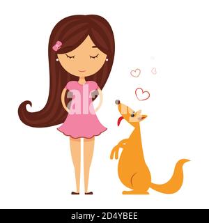 Une fille dans une robe rose sourit, un chien jaune est assis à côté d'elle. Illustration vectorielle isolée d'un bébé et d'un animal heureux Illustration de Vecteur