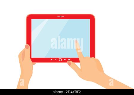 Homme d'affaires tient la tablette et pointe sur le vecteur de concept d'écran illustration Illustration de Vecteur