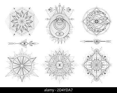 Ensemble vectoriel de symboles géométriques et de chiffres sacrés sur fond blanc. Collection de signes mystiques abstraits. Formes linéaires noires. Pour votre conception: Tatouage, Illustration de Vecteur