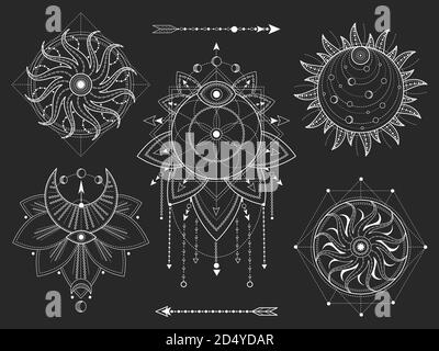 Ensemble vectoriel de symboles géométriques et naturels sacrés sur fond noir. Collection de signes mystiques abstraits. Formes linéaires blanches. Pour votre design ou votre moder Illustration de Vecteur