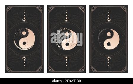Ensemble vectoriel de trois signes yin yang sur fond sombre avec forme géométrique, textures et cadres grunge. Symboles avec éléments de grunge. Illustration dans Illustration de Vecteur