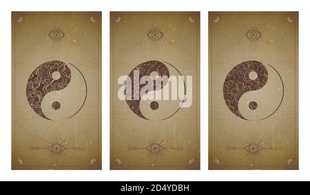 Ensemble vectoriel de trois signes yin yang sur arrière-plans vintage avec forme géométrique et cadres. Symboles avec éléments floraux. En sépia. Pour vous desi Illustration de Vecteur