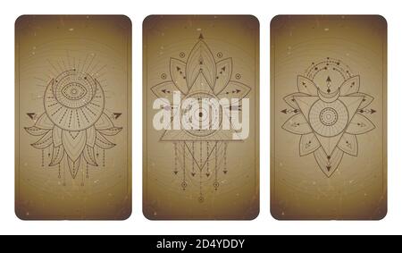 Ensemble vectoriel de trois arrière-plans vintage avec des symboles et des cadres géométriques. Symboles géométriques abstraits et signes mystiques sacrés dessinés en lignes. En sépia Illustration de Vecteur